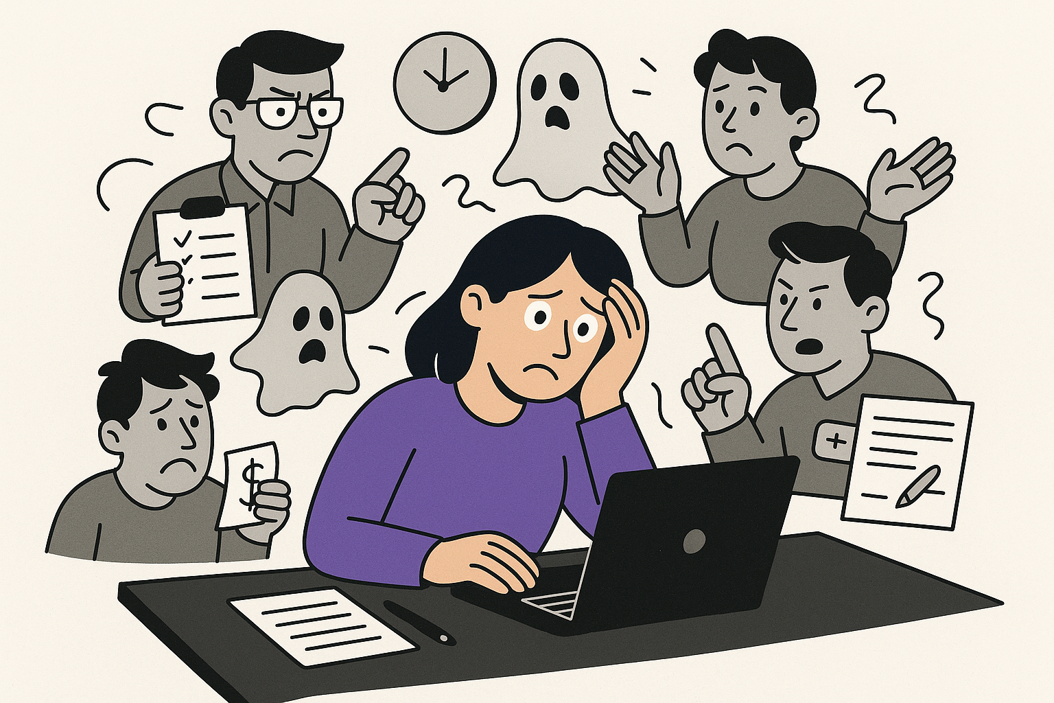 A flat-style digital illustration of a diverse female freelancer sitting at a home desk with a laptop, visibly overwhelmed. Around her, ghostly, cartoonish figures represent "nightmare clients" — including a micromanager peering over her shoulder, a ghost floating away, a client flipping through changing designs, one holding a long to-do list, and another hiding a wallet. The workspace includes warm lighting, coffee mug, plants, and sticky notes, all set in a cozy yet chaotic home-office vibe.