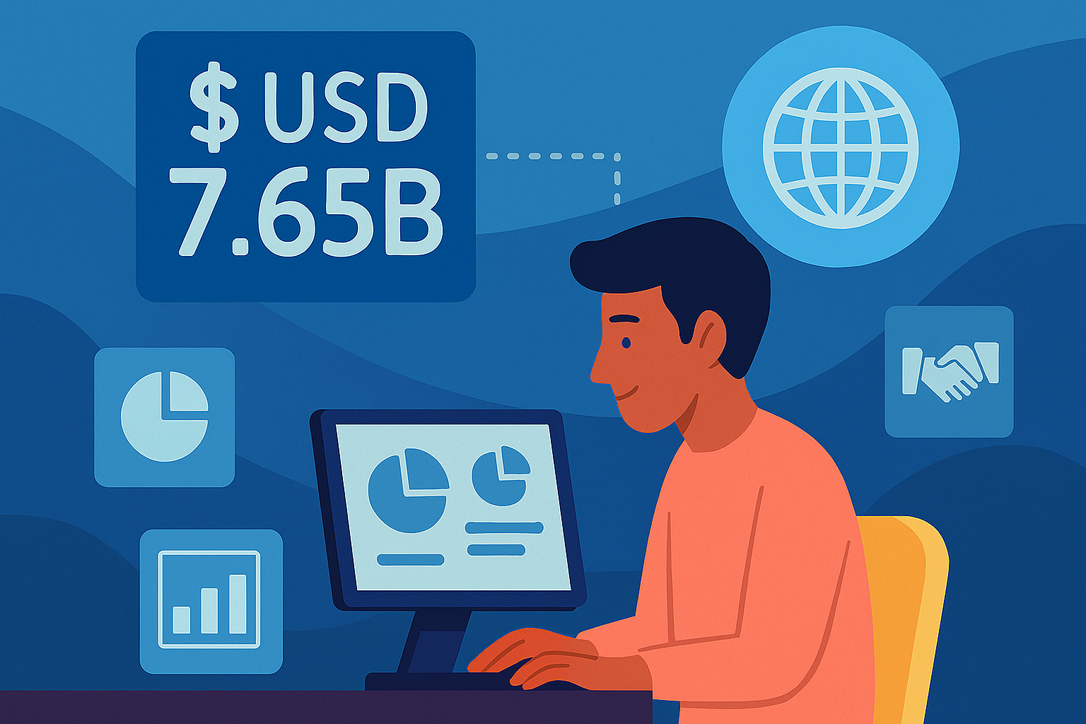 A flat-style digital illustration shows a young freelancer working at a computer, surrounded by background icons representing global freelance platforms: a globe symbol, bar and pie charts, a handshake icon, and a "$USD 7.65B" sign, symbolizing the growth and global impact of the freelance economy in 2025