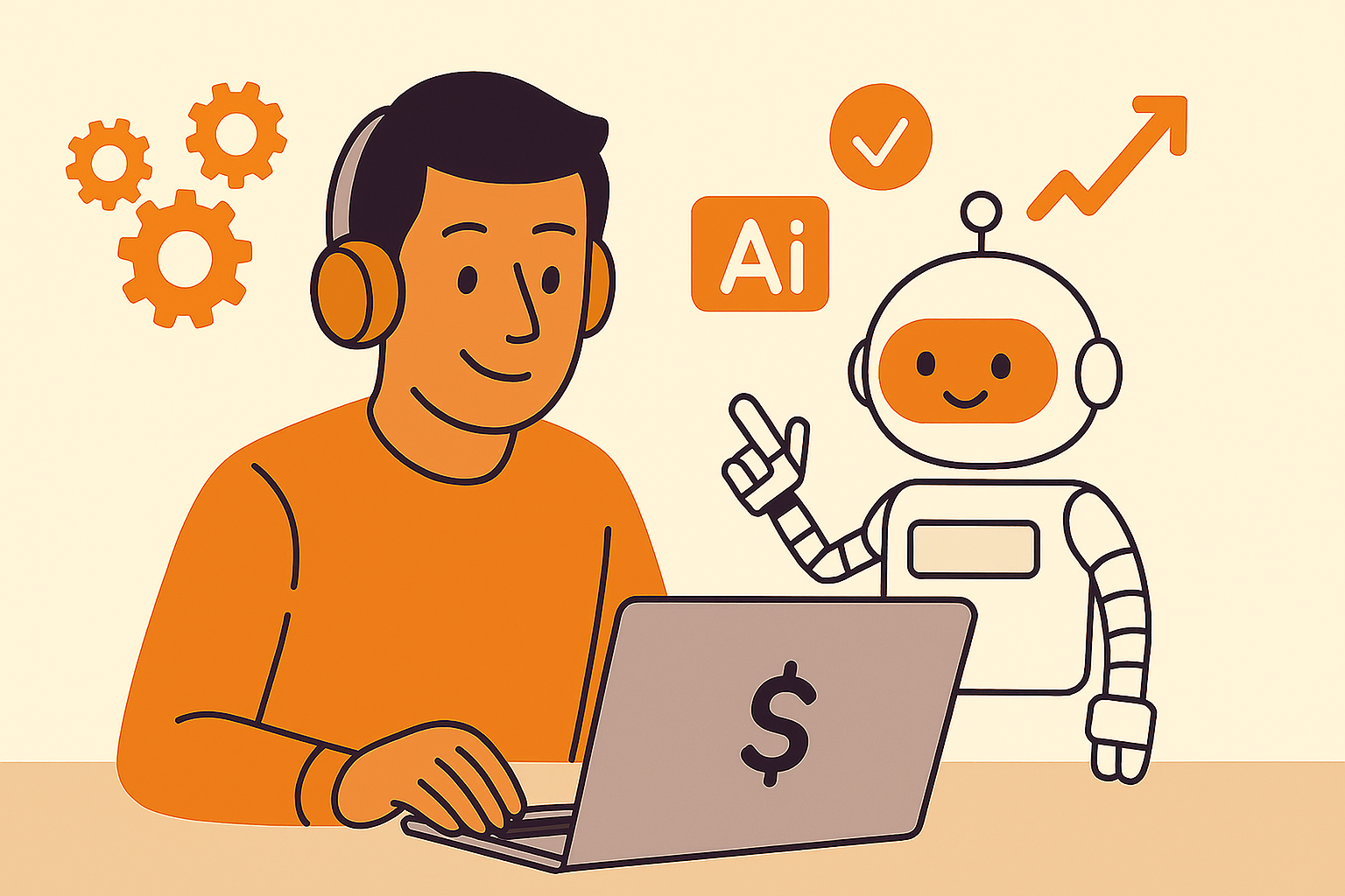 Illustration of a freelancer using a laptop with a dollar sign, wearing orange headphones, and sitting next to a friendly AI robot. The robot points upward toward icons of growth, checkmark, and &ldquo;AI,&rdquo; symbolizing collaboration and productivity through AI tools. Background features warm orange and beige tones, with gear icons suggesting automation.