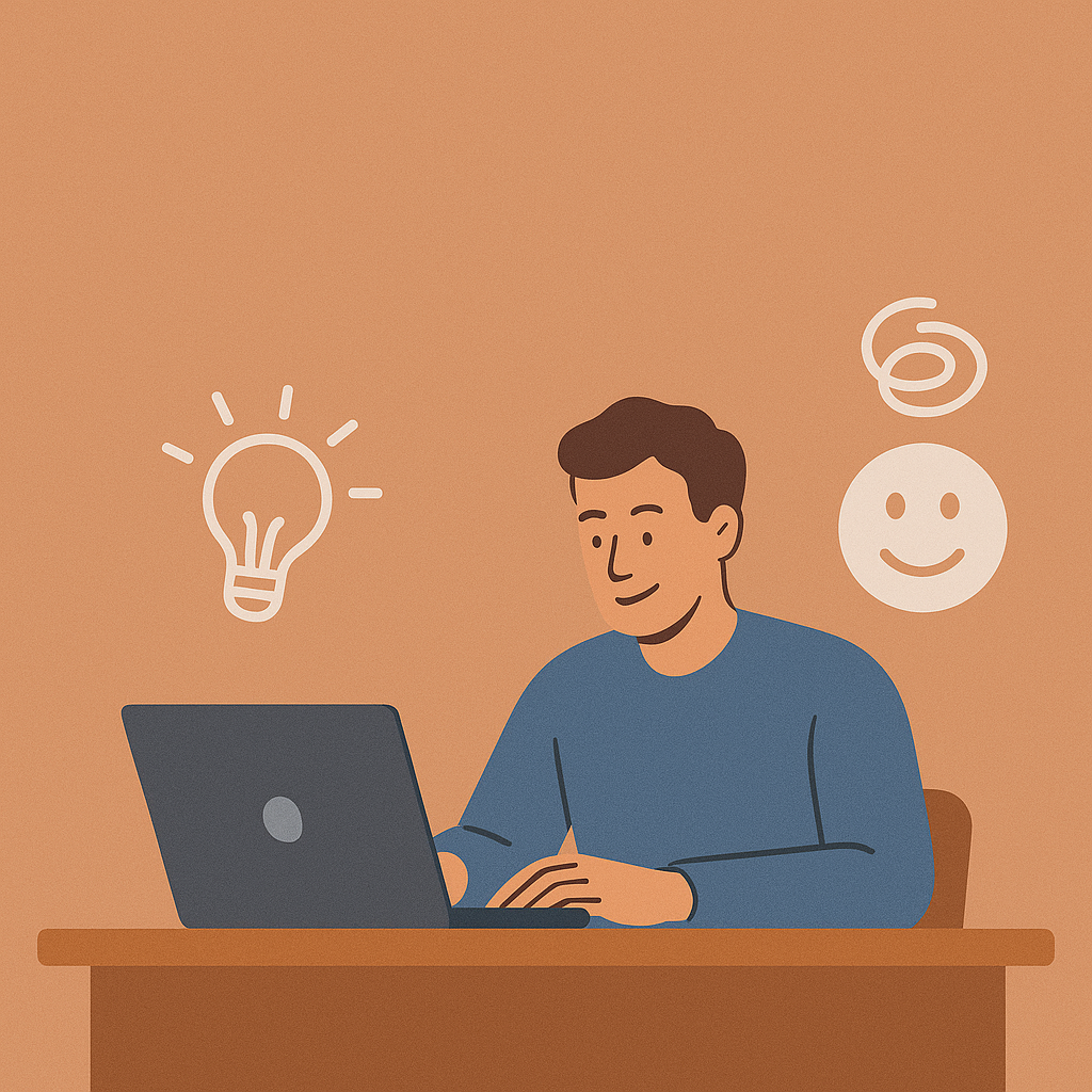  Illustration of a freelancer with medium skin tone sitting at a desk and working on a laptop. The background is a warm peach color, and simple icons of a lightbulb, a swirl, and a smiley face float around the freelancer, symbolizing ideas, stress, and wellbeing. The overall style is clean and minimalistic.