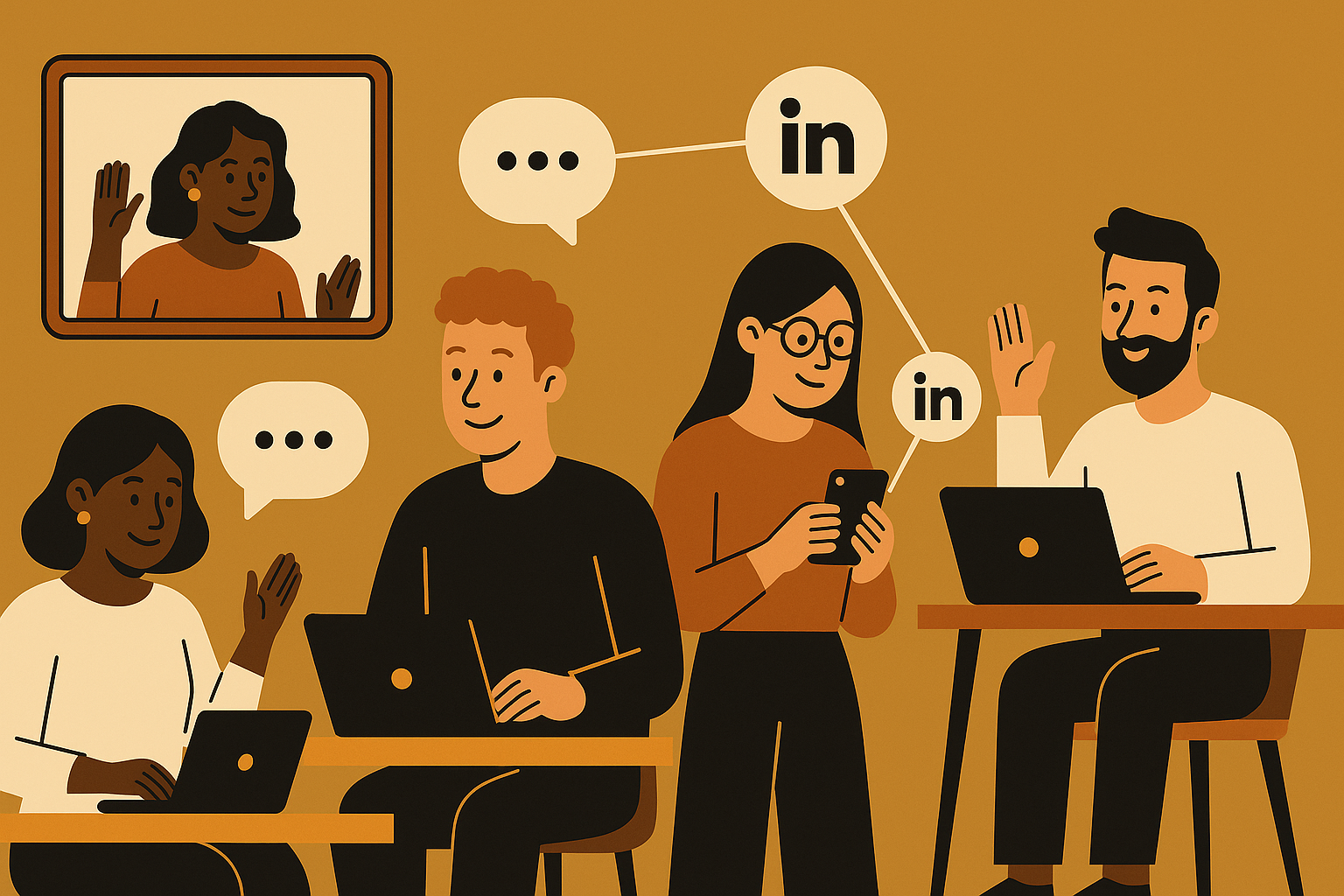Illustration of four diverse freelancers networking virtually in a cozy, minimalist setting with a mustard-yellow background. One woman is on a video call, while others work on laptops or smartphones. Three white speech bubbles and two LinkedIn icons visually connect the characters, symbolizing online collaboration and professional networking