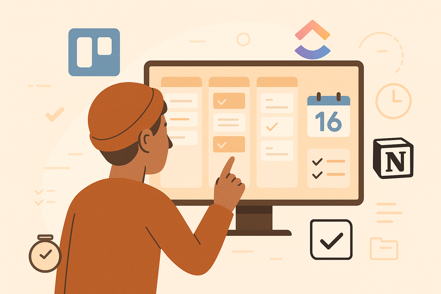 A flat-style digital illustration shows a freelancer wearing a rust-colored beanie and shirt, facing a large computer screen with a Kanban board. The background is soft beige with pastel tones and includes floating productivity icons such as Trello, ClickUp, Notion, and Toggl. Subtle decorative elements like clocks, checkmarks, and folders add a sense of organization and workflow.
