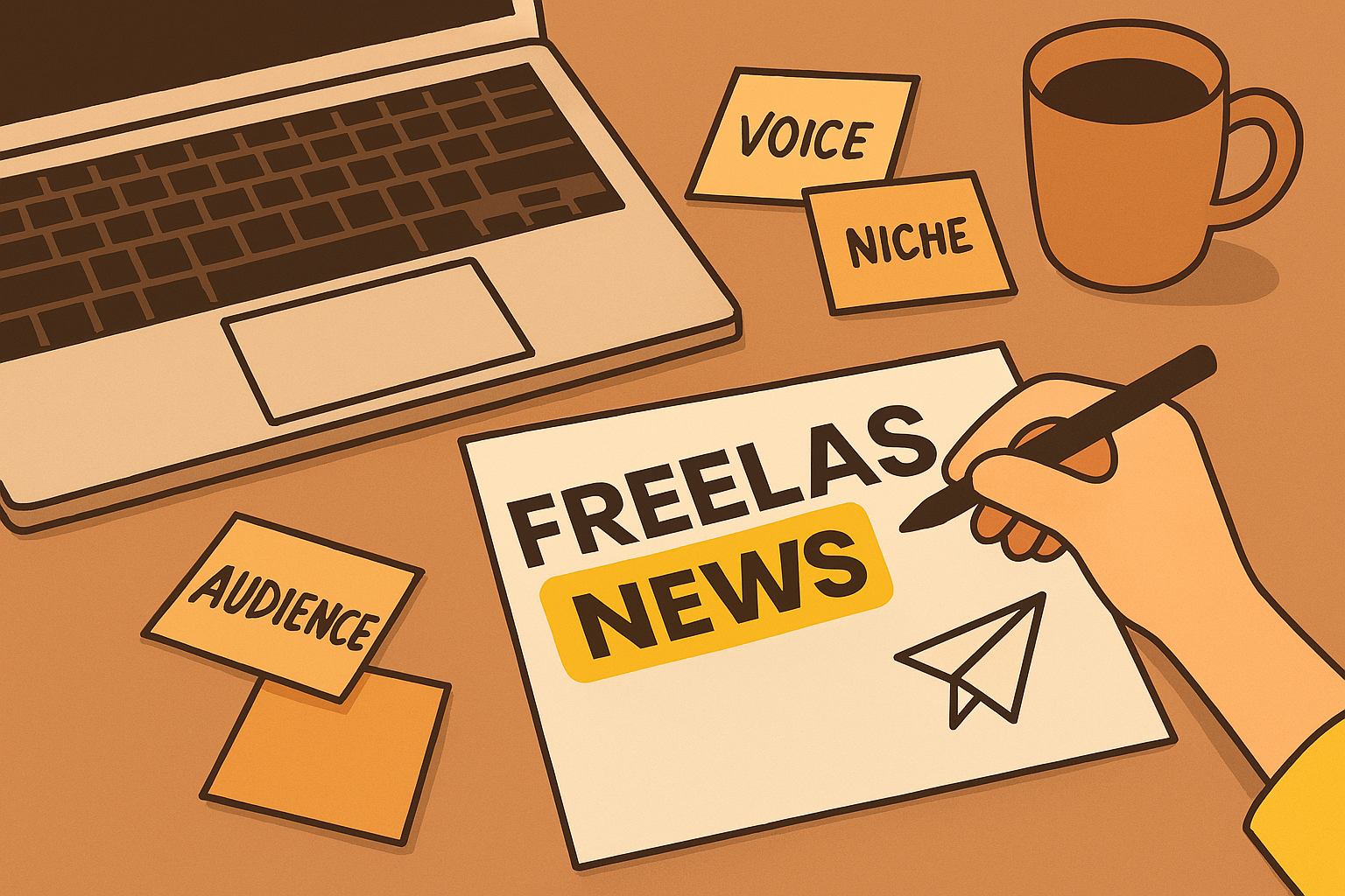 Illustration in warm brown tones showing a desk scene with a laptop, a coffee mug, and sticky notes labeled &ldquo;VOICE,&rdquo; &ldquo;NICHE,&rdquo; and &ldquo;AUDIENCE.&rdquo; A hand is sketching a paper with the &ldquo;FREELAS NEWS&rdquo; logo and a paper plane icon, suggesting the process of personal branding and content creation for freelancers.