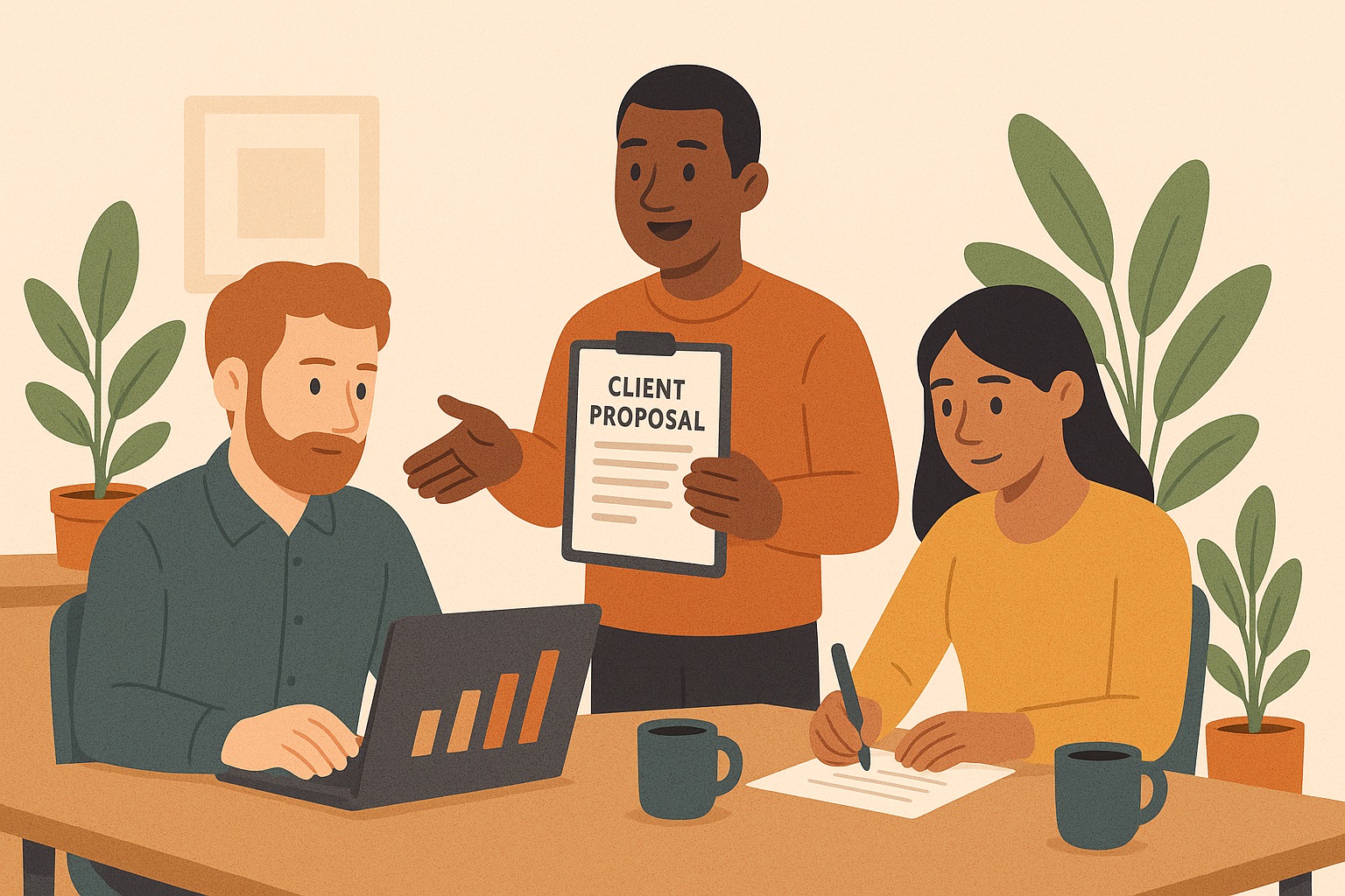ChatGPT said: A warm-toned digital illustration shows three diverse freelancers collaborating in a cozy, plant-filled workspace. One man types on a laptop displaying a bar graph, another stands holding a clipboard labeled "Client Proposal," and a woman writes on a piece of paper at the table. Coffee mugs and potted plants create a relaxed, professional atmosphere.