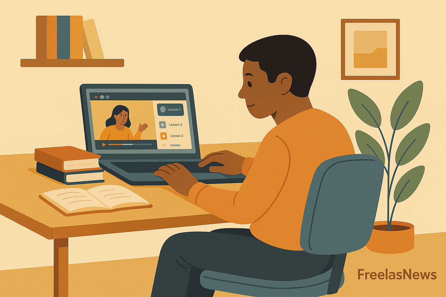 A flat-style digital illustration of a focused freelancer seated at a desk in a calm home office. The laptop screen shows a paused online course video with a female instructor and a visible sidebar, resembling an e-learning platform. Surrounding the freelancer are study materials, books, a notebook, and a potted plant. The scene uses warm, earthy tones and features the FreelasNews logo in the bottom right corner.