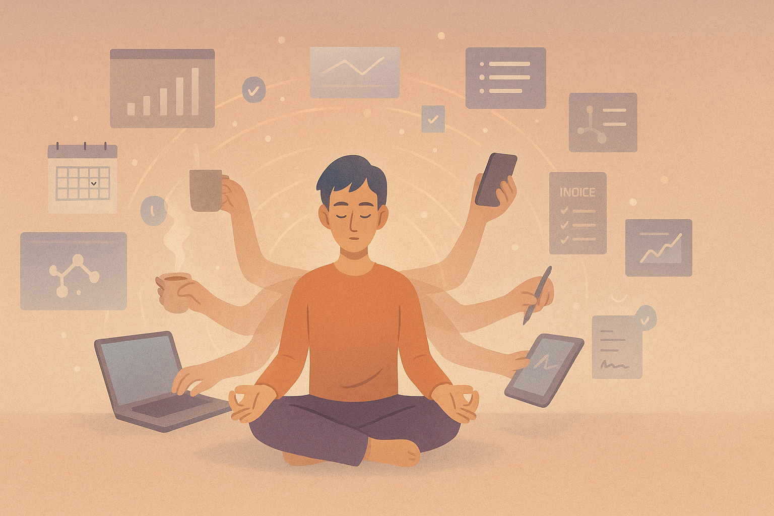 A flat-style digital illustration of a freelancer meditating cross-legged in the center of a warm, muted digital workspace. Multiple translucent arms extend from the freelancer, each performing a different task such as typing on a laptop, sketching on a tablet, holding a phone, coffee mug, calendar, and invoice. Floating icons and charts surround them in soft purple and orange tones, creating a calm yet focused multitasking atmosphere.