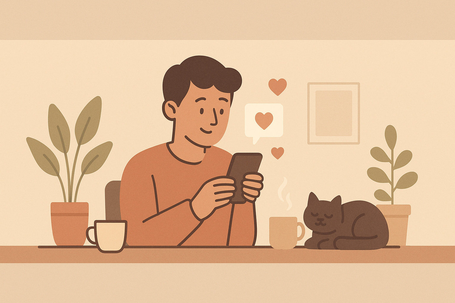 Flat-style cartoon illustration of a smiling freelancer sitting at a cozy desk indoors, holding a phone while receiving floating heart messages. The scene includes warm muted tones, two potted plants, a steaming coffee cup, and a sleeping black cat.