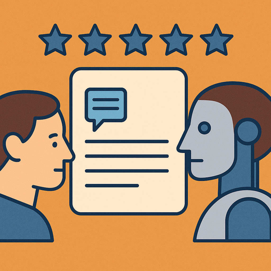 Illustration of a human and a robot facing each other with a central document featuring a speech bubble and star icons, symbolizing collaboration and quality in humanized AI content creation, set against an orange background.