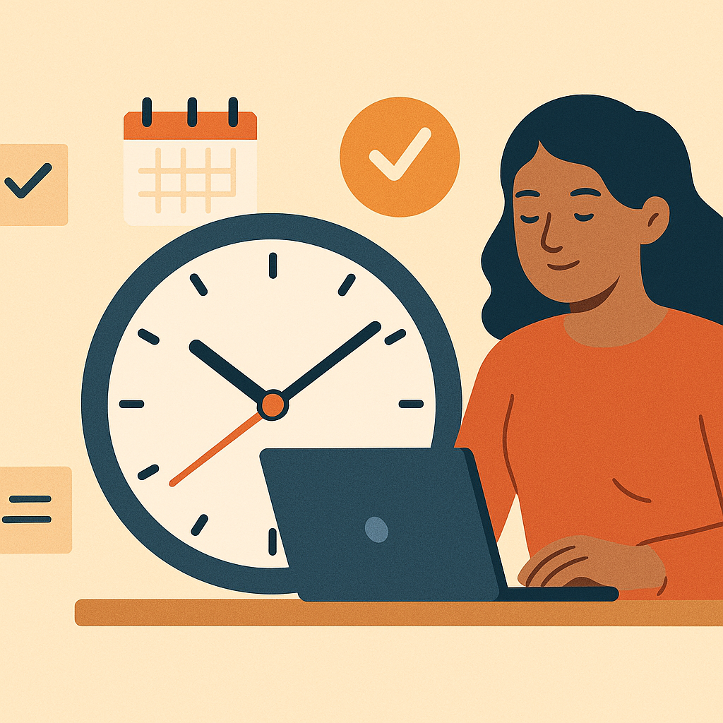 A flat-style digital illustration of a focused freelancer working at a desk with a laptop. A large clock, calendar icon, and checkmarks surround her, symbolizing productivity and time management.