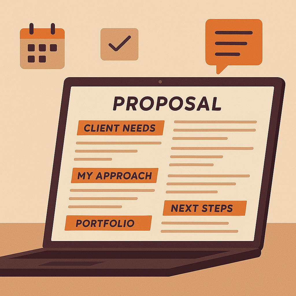 A digital illustration of a laptop displaying a proposal template with clearly labeled sections: “Client Needs,” “My Approach,” “Portfolio,” and “Next Steps.” Surrounding the laptop are icons representing a calendar, a checklist, and a chat bubble, symbolizing planning, task organization, and communication.