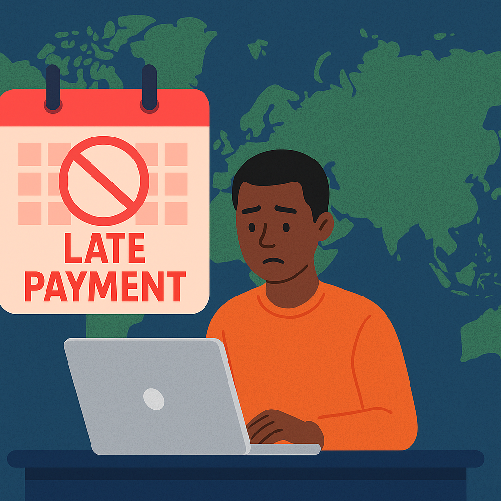 llustration of a worried freelancer sitting at a desk with a laptop, next to a red calendar marked 'Late Payment', set against a world map background.