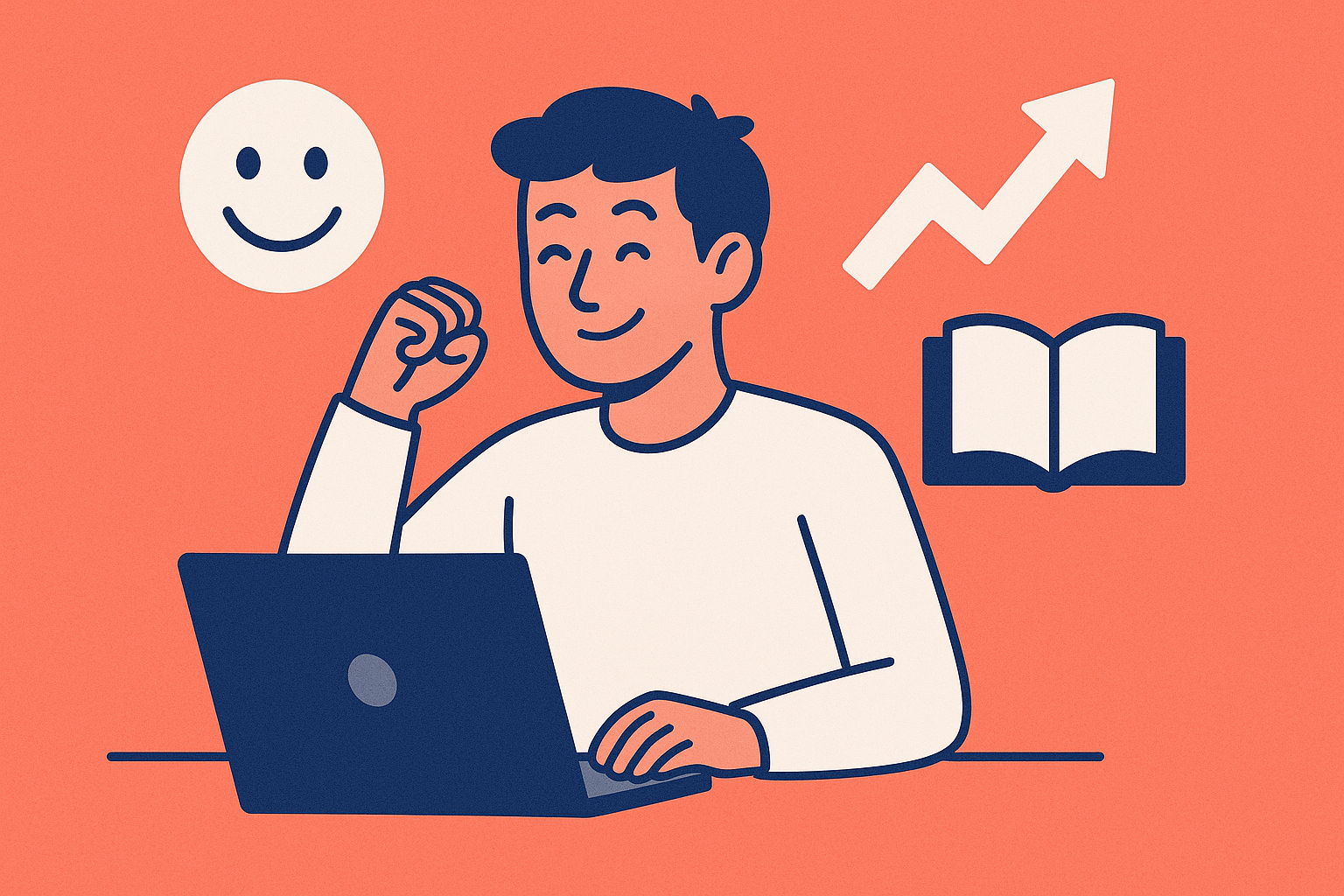 Illustrated image of a smiling freelancer working at a laptop, raising a celebratory fist, with icons around him representing happiness (smiley face), growth (upward arrow), and learning (open book), all set against a coral background &mdash; symbolizing satisfaction, autonomy, and upskilling in freelance work.