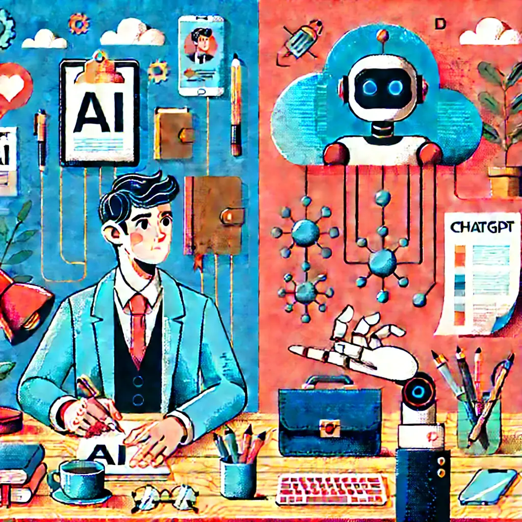 Illustration of a freelancer sitting at a desk divided in two halves&mdash;one side with traditional tools like a notebook, coffee cup, and sketchpad; the other with digital elements such as floating AI icons, a stylized ChatGPT logo, and a robot hand handing over a briefcase. The freelancer appears thoughtful and confident. The style is flat design with bold, modern colors.