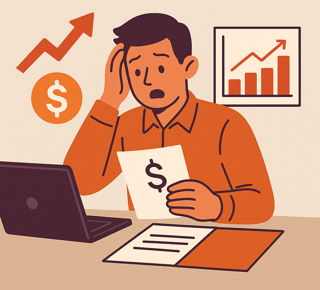 An illustration of a concerned man at a desk holding a paper with a dollar sign, next to a laptop, with a bar chart and upward arrow in the background, symbolizing rising accounting costs.